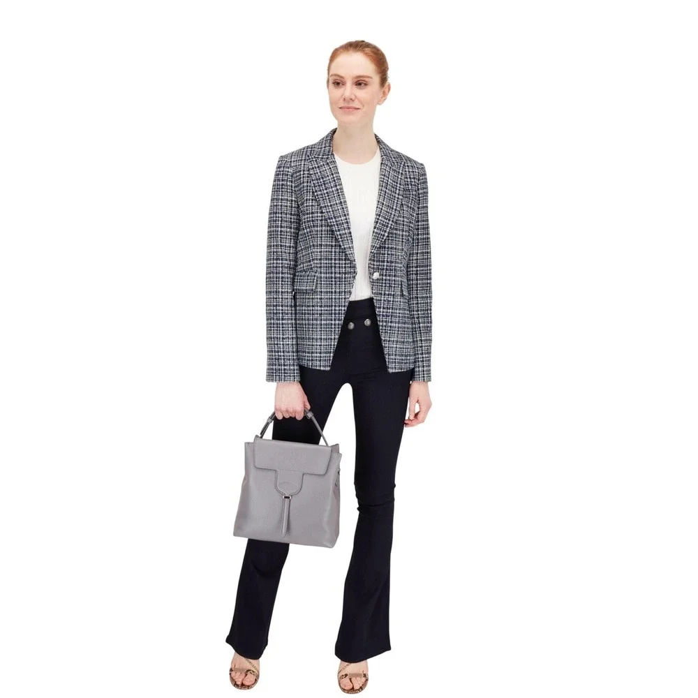 Veronica Beard Cutaway Dickey Blazer 8 Navy Plaid Tweed Quiet Luxury Jacket